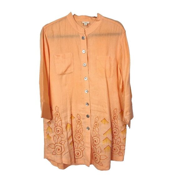 J Jill Womens Orange 100% Linen Long Sleeve Tunic Top Button Down Embroidered M - Picture 2 of 14